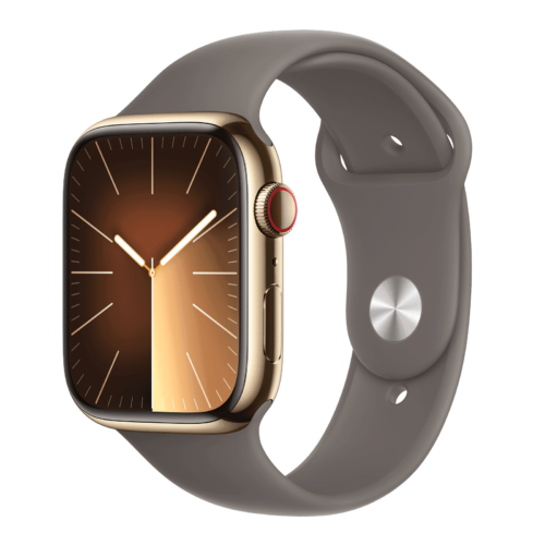 Apple Watch Series 9 GPS+Cellular with Clay Sport Band – M/L 45mm Display Gold Stainless Steel Case (Smartwatch)