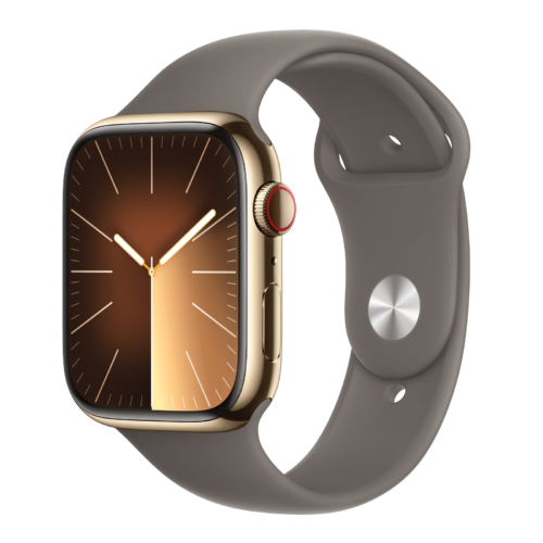 Apple Watch Series 9 GPS+Cellular with Clay Sport Band – S/M 45mm Display Gold Stainless Steel Case (Smartwatch)