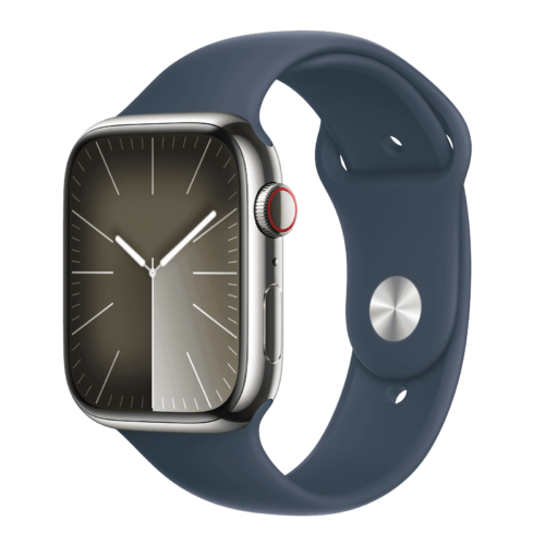 Apple Watch Series 9 GPS+Cellular with Storm Blue Sport Band – M/L 45mm Display Silver Stainless Steel Case (Smartwatch)