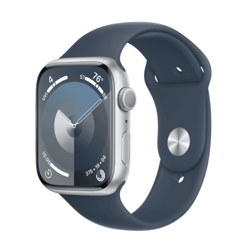 Apple Watch Series 9 GPS with Storm Blue Sport Band – M/L 45mm Display Silver Aluminium Case (Smartwatch)