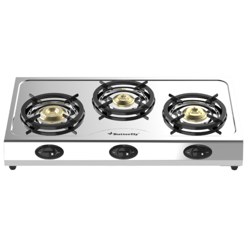 Butterfly Bolt Shakti 3 Burner Manual Gas Stove High Thermal Efficiency Silver (Gas Stove)