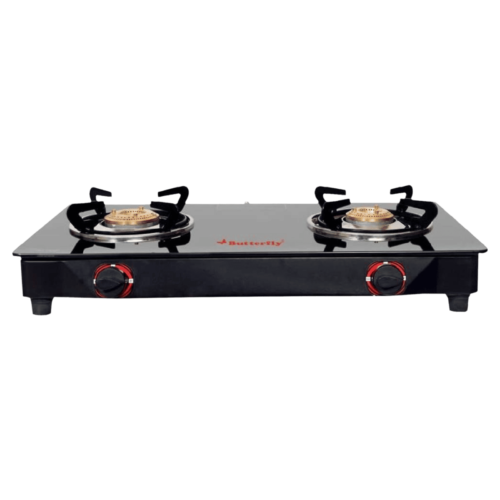 Butterfly Wave Toughened Glass Top 2 Burner Manual Gas Stove Rust Free Pan Stand Black (Gas Stove)