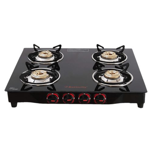 Butterfly Wave Toughened Glass Top 4 Burner Manual Gas Stove Rust Free Pan Stand Black (Gas Stove)