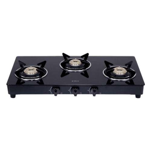 Elica 703 CT VETRO SS Toughened Glass Top 3 Burner Manual Gas Stove Round Euro Coated Grid Black (Gas Stove)