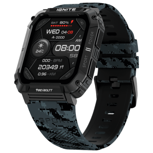 FIRE-BOLTT Combat Smartwatch with Bluetooth Calling 49.5mm TFT Display IP68 Water Resistant Camo Black Strap (Smartwatch)