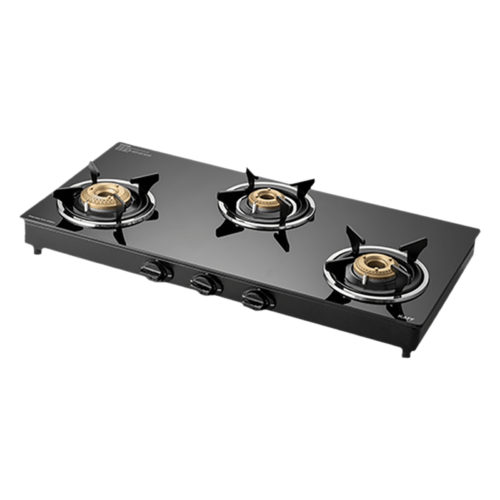 KAFF CTC773B Toughened Glass Top 3 Burner Manual Gas Stove Matte Enamelled Pan Support Black (Gas Stove)