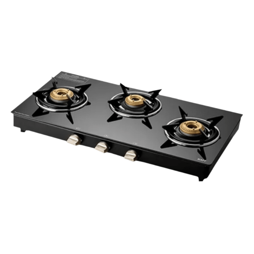 KAFF CTE713B Toughened Glass Top 3 Burner Manual Gas Stove Matte Enamelled Pan Support Black (Gas Stove)