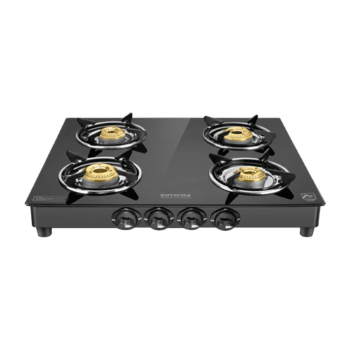 Kutchina Fabio 4B Eco Tempered Glass Top 4 Burner Manual Gas Stove Stainless Steel Drip Tray Black (Gas Stove)