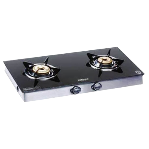 Kutchina Inferno Excel 2B Tempered Glass Top 2 Burner Automatic Gas Stove Euro Coated Thick Pan Support Black (Gas Stove)