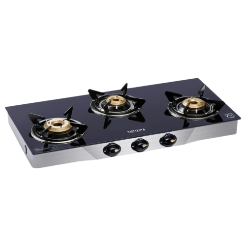 Kutchina Inferno Excel 3B Tempered Glass Top 3 Burner Automatic Gas Stove Euro Coated Thick Pan Support Black (Gas Stove)