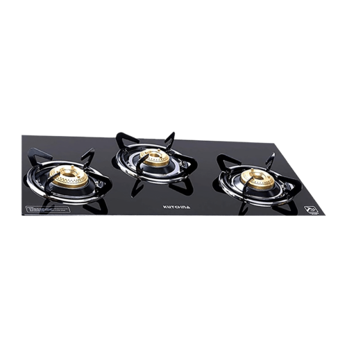 Kutchina Vetro Eco 3B Tempered Glass Top 3 Burner Manual Gas Stove Euro Coated Thick Pan Support Black (Gas Stove)