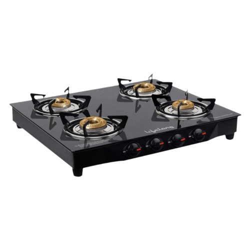 Lifelong LLGS27 Toughened Glass Top 4 Burner Manual Gas Stove Nylon Knobs Black (Gas Stove)