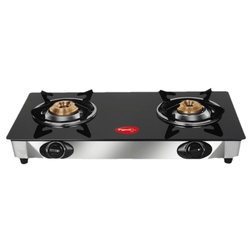 Pigeon Ayush Toughened Glass Top 2 Burner Manual Gas Stove Unique Pan Support Black (Gas Stove)