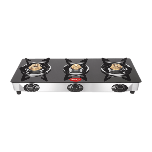 Pigeon Ayush Toughened Glass Top 3 Burner Manual Gas Stove Unique Pan Support Black (Gas Stove)