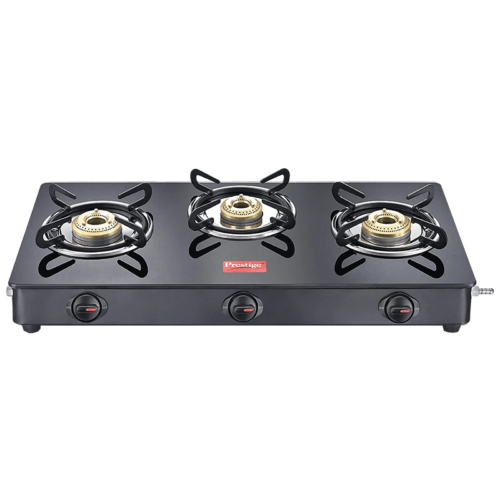 Prestige Magic GTMC Toughened Glass Top 3 Burner Manual Gas Stove Spill Proof Black (Gas Stove)