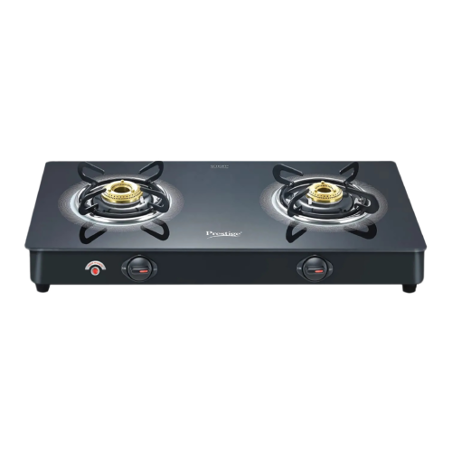 Prestige Royale Plus Toughened Glass Top 2 Burner Automatic Gas Stove Ergonomic Knob Black (Gas Stove)