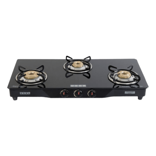 USHA Ebony GS3001 Toughened Glass Top 3 Burner Manual Gas Stove Powder Coated Frame Black (Gas Stove)