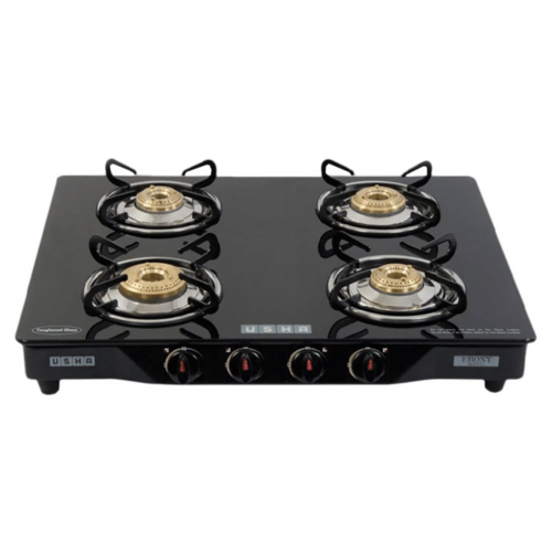 USHA Ebony GS4001 Toughened Glass Top 4 Burner Automatic Gas Stove Slim Line Design Black (Gas Stove)