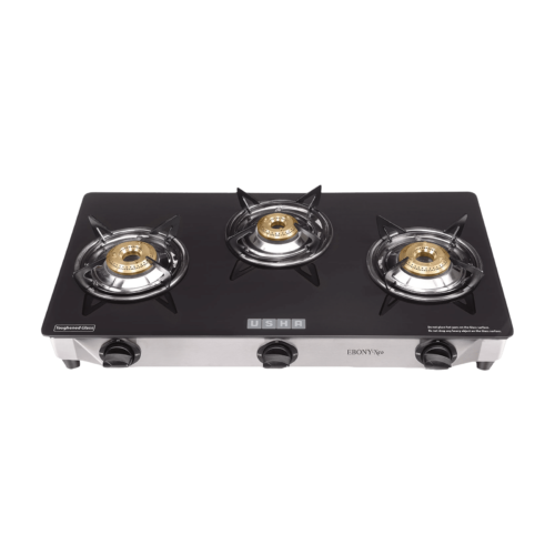 USHA Ebony Neo GS3003 Toughened Glass Top 3 Burner Manual Gas Stove Powder Coated Pan Support Black (Gas Stove)