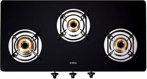 Elica 773 CT DT VETRO Toughened Glass Top 3 Burner Manual Gas Stove Round Euro Coated Grid Black (Gas Stove)