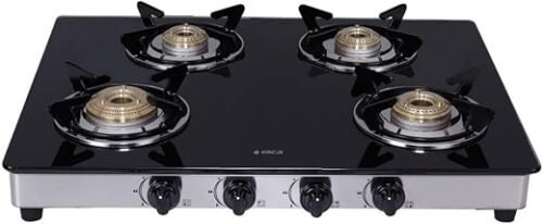 Elica 694 CT DT VETRO Toughened Glass Top 4 Burner Manual Gas Stove Round Euro Coated Grid Black (Gas Stove)