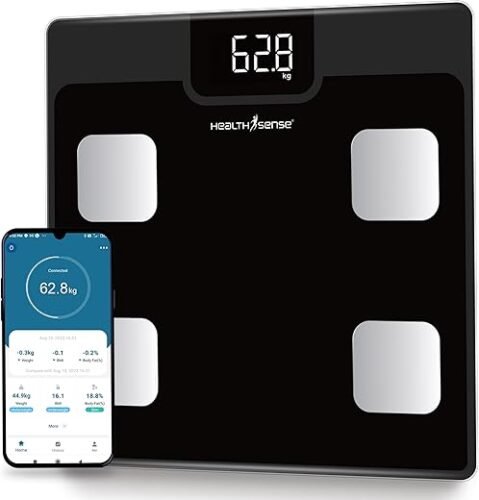 HealthSense Bluetooth BMI Weight Machine for Body Weight Digital Body Fat Analyzer & Smart Body Composition Scale with Mobile App 12 Body Parameters LED Display & 1 Year Warranty – BS161 (Weight Scale)