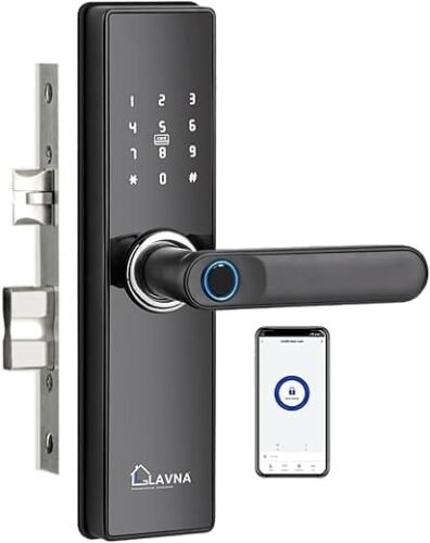 LAVNA Smart Door Lock LA16 with Fingerprint Bluetooth Mobile App PIN OTP RFID Card and Manual Key Access for Wooden Doors Black Bluetooth (Biometric Scanner)