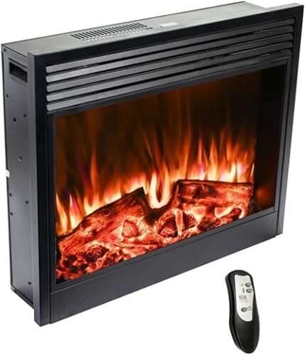 RVA Decorative Electric Fireplace 28x24x7 inches LxHxD with Remote and Heating Options Matt Black (Electric Fireplace)