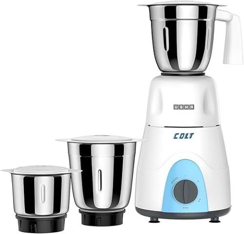 USHA Colt 500 Watt 3 Jars Mixer Grinder Overload Protection White/Blue (Juicer)