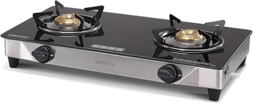 USHA Ebony Neo GS2003 Toughened Glass Top 2 Burner Manual Gas Stove Powder Coated Pan Support Black (Gas Stove)